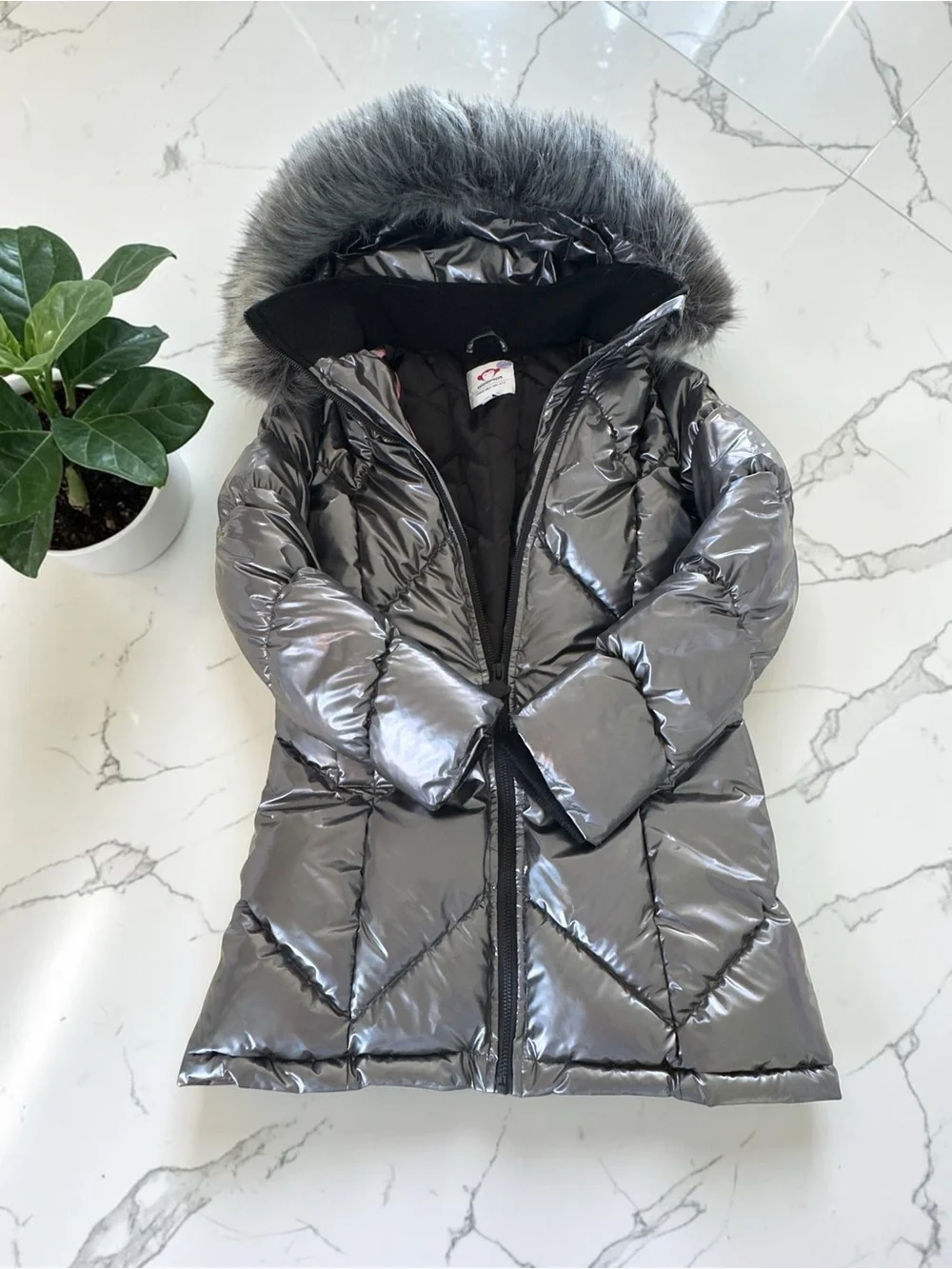 Appaman Metallic Silver Girls' Puffer Coat with Faux Fur Hood